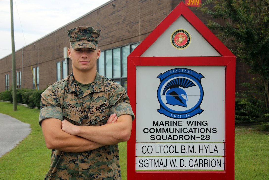 Despite only being at his current unit for six short months, Lance Cpl. David Sigdestad makes the most out of every moment no matter if he is working hard in a field operation or sparring in a martial arts session. “I’ve been on four field operations so far and I like it better than anything else,” said Sigdestad, a data systems specialist with Marine Wing Communications Squadron 28. “We get to work 16-20 hour days at the beginning of it, and then take a breather at the end. It feels like we’ve accomplished something by the time it’s over.” When he’s not working as a data systems specialist for his unit, Sigdestad fills up much of his time with personal endeavors. Whether the challenge is physical or mental, Sigdestad has consistently put his best foot forward. His latest undertaking has been submitting an application to the Marine Security Guard School aboard Marine Corps Base Quantico. (U.S. Marine Corps photo by Lance Cpl. Mackenzie Gibson/Released)