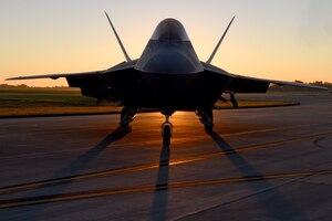 An F-22 Raptor from Joint Base Langley-Eustis, Va., sits on the ramp at Rickenbacker International Airport, Ohio, Oct. 7, 2016. The aircraft sheltered at the airport during Hurricane Matthew. (U.S. Air National Guard photo/Senior Master Sgt. Ralph Branson)
