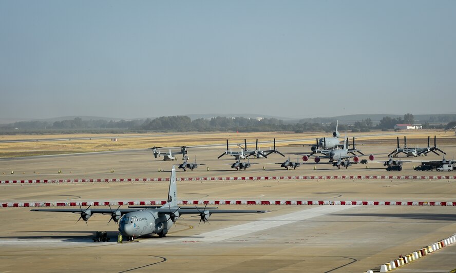 Aircraft are parked on the flightline at Morón Air Base, Spain, Oct. 4, 2016. With a unit of only 600 personnel, Airmen at Morón make up only 25 percent of that population. Team Morón is comprised of U.S. Airmen, Marines and Spanish air force members, who operate together to keep wheels off the ground and in the fight. The 496th Air Base Squadron, a geographically-separated unit from the 86th Airlift Wing, Ramstein Air Base, Germany, provides a worldwide platform for air power. (U.S. Air Force photo by Senior Airman Nicole Keim)