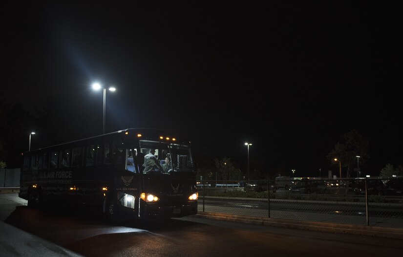 A U.S. Air Force charter bus sits at a rest stop in New Jersey, Oct. 9, 2016. The 11th LRS is comprised of over 300 military members, civilians and contractors that provide vehicle operations support to over 200 Air Force Band and Honor Guard trips annually nation-wide. (U.S. Air Force photo by Senior Airman Philip Bryant)