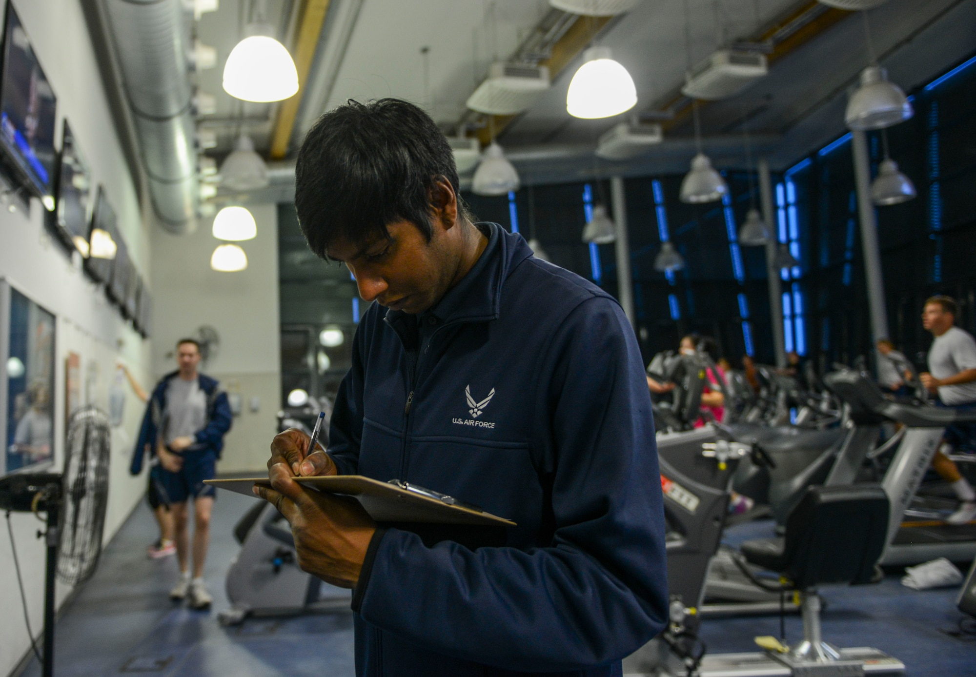 Victor Trey, 786th Force Support Squadron recreation assistant, conducts an hourly facility check at the Southside Fitness Center at Ramstein Air Base, Germany, Oct. 6, 2016. Staff at the SSFC are responsible for ensuring the facility is safe, secure and in proper operational condition. (U.S. Air Force photo by Airman 1st Class Joshua Magbanua)