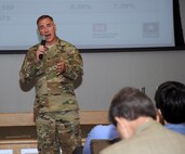Col. John Hurley, Huntsville Center commander, addresses attendees during the U.S. Army Engineering and Support Center, Huntsville's 17th Annual Small Business Forum Oct. 12. More than 300 small business representatives and small business owners attended the forum to learn about upcoming Huntsville Center acquisitions and discuss their capabilities with Huntsville Center contracting officials and program managers.