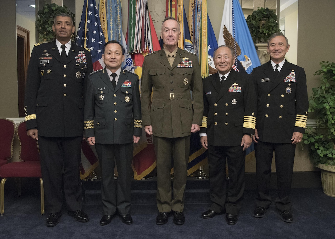 From left: Army Gen. Vincent K. Brooks, commander of Combined Forces Command and U.S. Forces Korea; South Korean Chairman Army Gen. Lee Sun-jin; Marine Corps Gen. Joe Dunford, chairman of the Joint Chiefs of Staff; Japanese Chief of Defense Adm. Katsutoshi Kawano; and U.S. Pacific Command commander, Navy Adm. Harry B. Harris Jr., pose for photograph at the Pentagon, Oct. 14, 2016. The senior military leaders met to discuss trilateral collaboration in order to respond to increasing North Korean nuclear and missile threats. DoD photo by Navy Petty Officer 2nd Class Dominique Pineiro