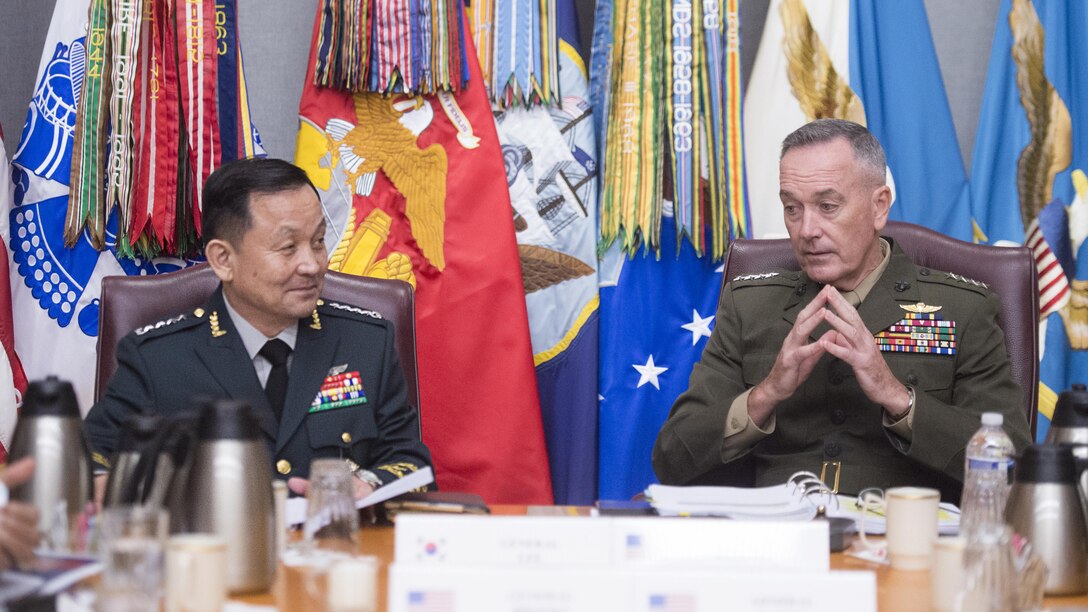 Marine Corps Gen. Joe Dunford, chairman of the Joint Chiefs of Staff, hosted a meeting with his South Korean and Japanese counterparts at the Pentagon, where the senior military leaders discussed the threat posed by North Korea.