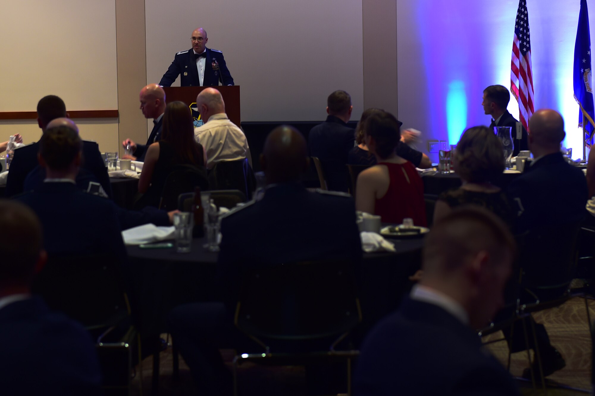 Col. David Miller Jr., 460th Space Wing commander, speaks during an Airman Leadership School graduation Oct. 13, 2016, at the Leadership Development Center on Buckley Air Force Base, Colo. This graduation represents an important part of enlisted force professional military education, teaching valuable skills required for supervisors. (U.S. Air Force photo by Airman 1st Class Gabrielle Spradling/Released)