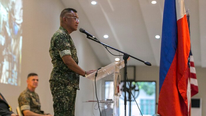 Philippine Marine Maj. Gen. Andre M. Costales Jr. speaks during the Philippine Amphibious Landing Exercise 33 closing ceremony at Marine Barracks Rudiardo Brown, Taguig City, Philippines, Oct. 11, 2016. PHIBLEX is an annual U.S.-Philippine military bilateral exercise that combines amphibious capabilities and live-fire training with humanitarian civic assistance efforts to strengthen interoperability and working relationships. Costales is the 29th Commandant of the Philippine Marine Corps. 