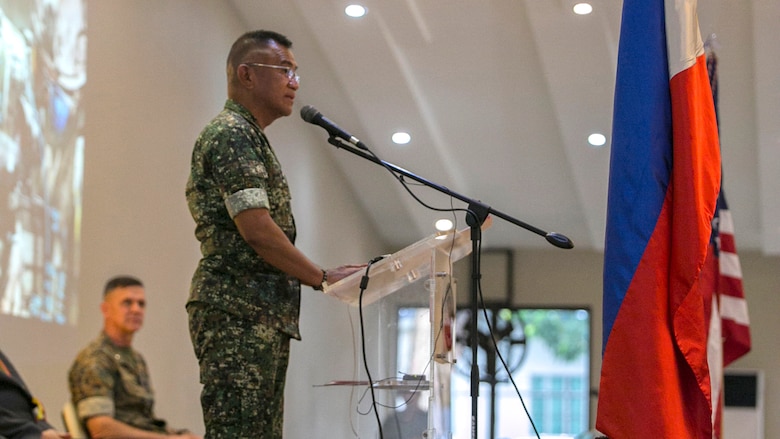 Philippine Marine Maj. Gen. Andre M. Costales Jr. speaks during the Philippine Amphibious Landing Exercise 33 closing ceremony at Marine Barracks Rudiardo Brown, Taguig City, Philippines, Oct. 11, 2016. PHIBLEX is an annual U.S.-Philippine military bilateral exercise that combines amphibious capabilities and live-fire training with humanitarian civic assistance efforts to strengthen interoperability and working relationships. Costales is the 29th Commandant of the Philippine Marine Corps. 