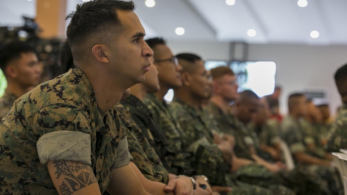 U.S. and Philippine Marines attend the Philippine Amphibious Landing Exercise 33 closing ceremony at Marine Barracks Rudiardo Brown, Taguig City, Philippines, Oct. 11, 2016. PHIBLEX is an annual U.S.-Philippine military bilateral exercise that combines amphibious capabilities and live-fire training with humanitarian civic assistance efforts to strengthen interoperability and working relationships. 