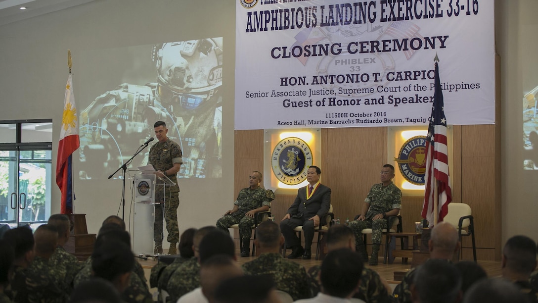 U.S. Marine Brig. Gen. John M. Jansen speaks during the Philippine Amphibious Landing Exercise 33 closing ceremony at Marine Barracks Rudiardo Brown, Taguig City, Philippines, Oct. 11, 2016. PHIBLEX is an annual U.S.-Philippine military bilateral exercise that combines amphibious capabilities and live-fire training with humanitarian civic assistance efforts to strengthen interoperability and working relationships. Jansen is the commanding general of 3d Marine Expeditionary Brigade.