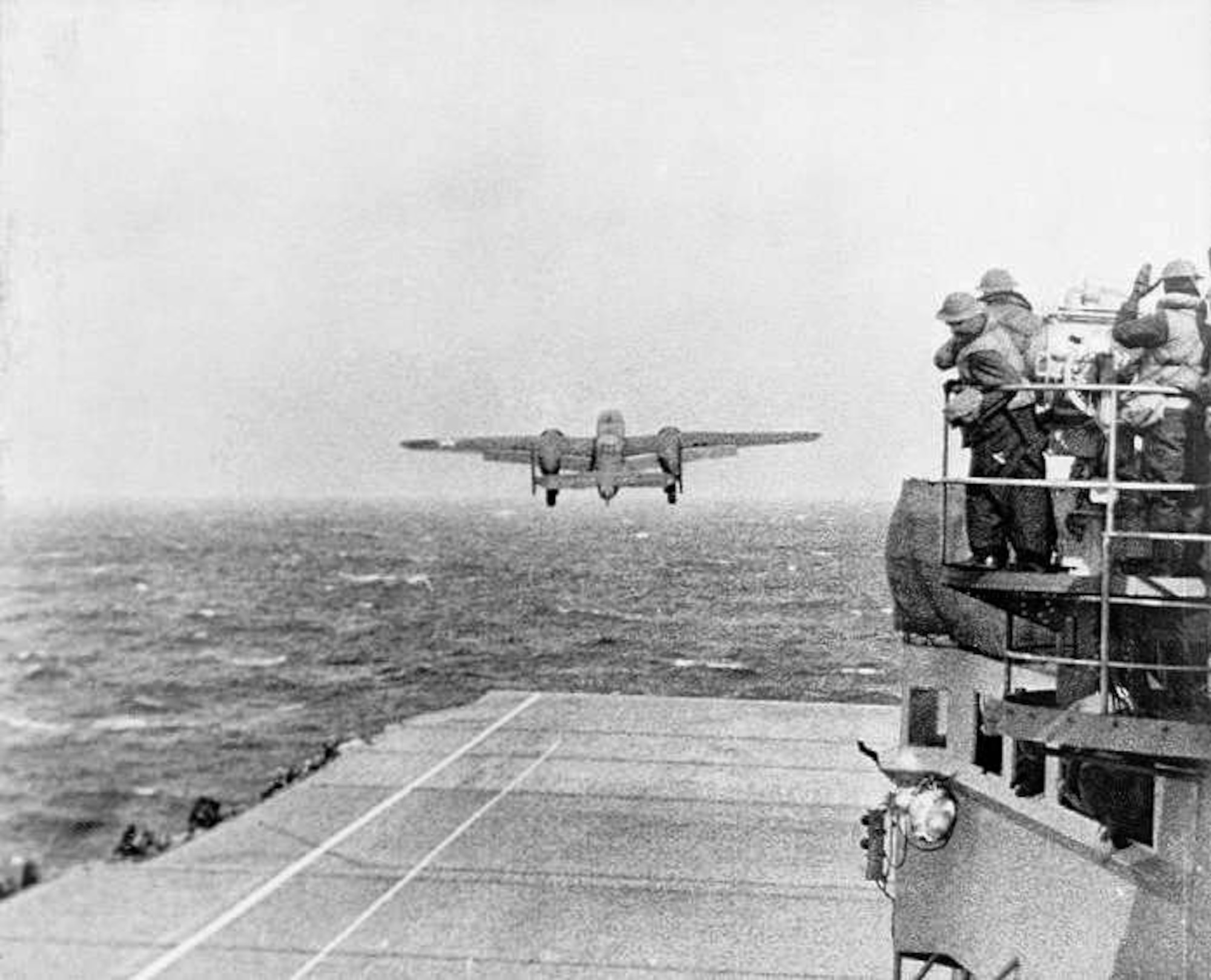 A B-25 Mitchell takes off from the USS Hornet in route to Japan during World War II in April 1942. The Doolittle Raiders were instrumental in retaliatory strikes after Japan attacked Pearl Harbor December 7, 1941. In their honor, the new B-21 bomber has been named the Raider. (Courtesy photo)