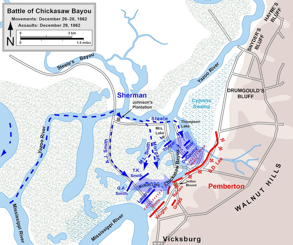 Battlefield at Chickasaw Bayou: The Walnut Hills, north of Vicksburg, was the objective of Sherman’s attack at Chickasaw Bayou. But the bravery of Union soldiers could not overcome the strength of the Confederate position or the determined resistance offered by the men in gray.