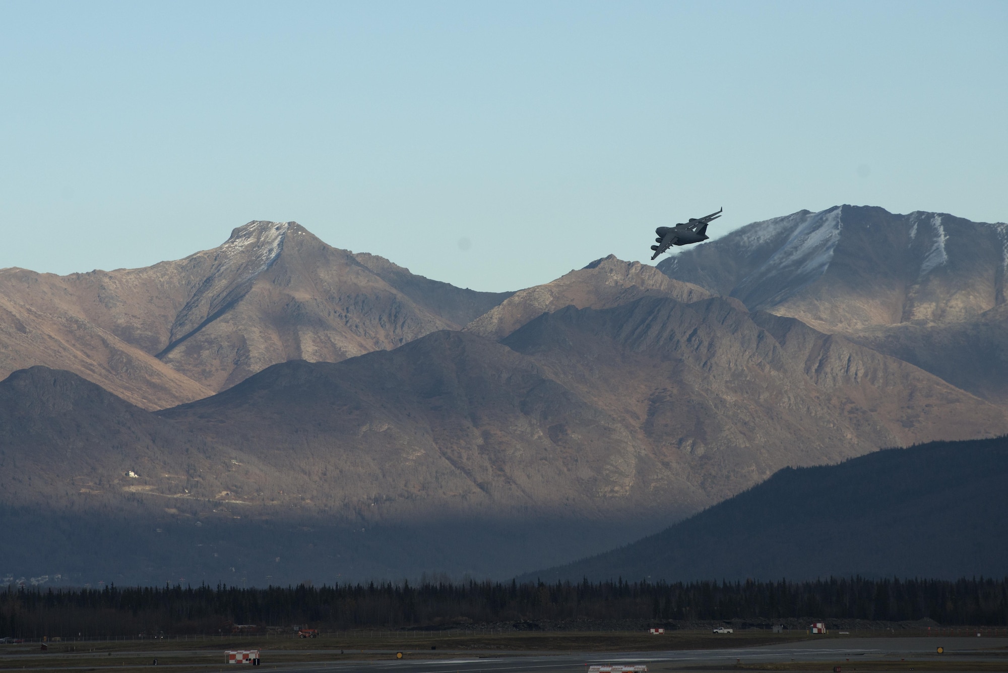 A U.S. Air Force C-17 Globemaster III departs Joint Base Elmendorf-Richardson, Alaska during Red Flag - Alaska 17-1 Oct. 12, 2016. RF-A is a joint exercise focused on improving combat readiness of the U.S. military and international forces, which included the Republic of Korea Air Force and Royal New Zealand Air Force this iteration. 