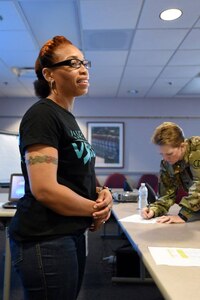 Ms. Tierney Williams, Sexual Harassment/ Assault Response & Prevention (SHARP) Victim Advocate, conducts SHARP training during the command's battle assembly weekend training, Sep. 10, 2016. The SHARP program reinforces the Army's commitment to eradicating sexual harassment and sexual assault through a comprehensive policy that centers on awareness and prevention, training and education, victim advocacy, and response, reporting, accountability, and program assessment.
(Photo by Sgt. Aaron Berogan)