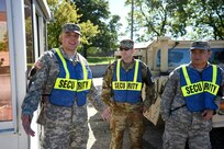 Army Reserve soldiers. assigned to the 85th Support Command, pause for a photo during a rotation with soldiers as gate security at the 85th Support Command's Battle Assembly weekend, Sep. 11, 2016.
Random Access Measures have elevated here to further ensure the safety of civilian staff and service members assigned.
(Photo by Spc. David Lietz)