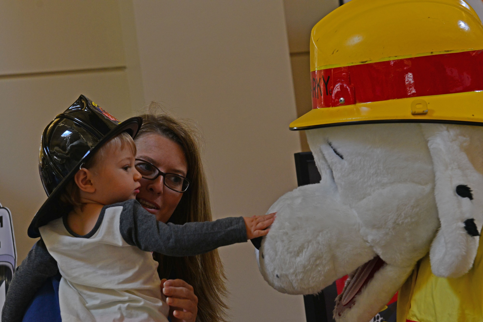 A Team Shaw member pets Sparky, the Fire Prevention Dog, at The Exchange on Shaw Air Force Base, S.C., Oct. 11, 2016. During Fire Prevention Week, the Shaw Fire Department provided pamphlets at an informational booth to educate the community about fire safety and this year’s theme, “Don’t wait… Check the date!” which stressed the importance of maintaining fire alarms. (U.S. Air Force photo by Airman 1st Class Destinee Sweeney)