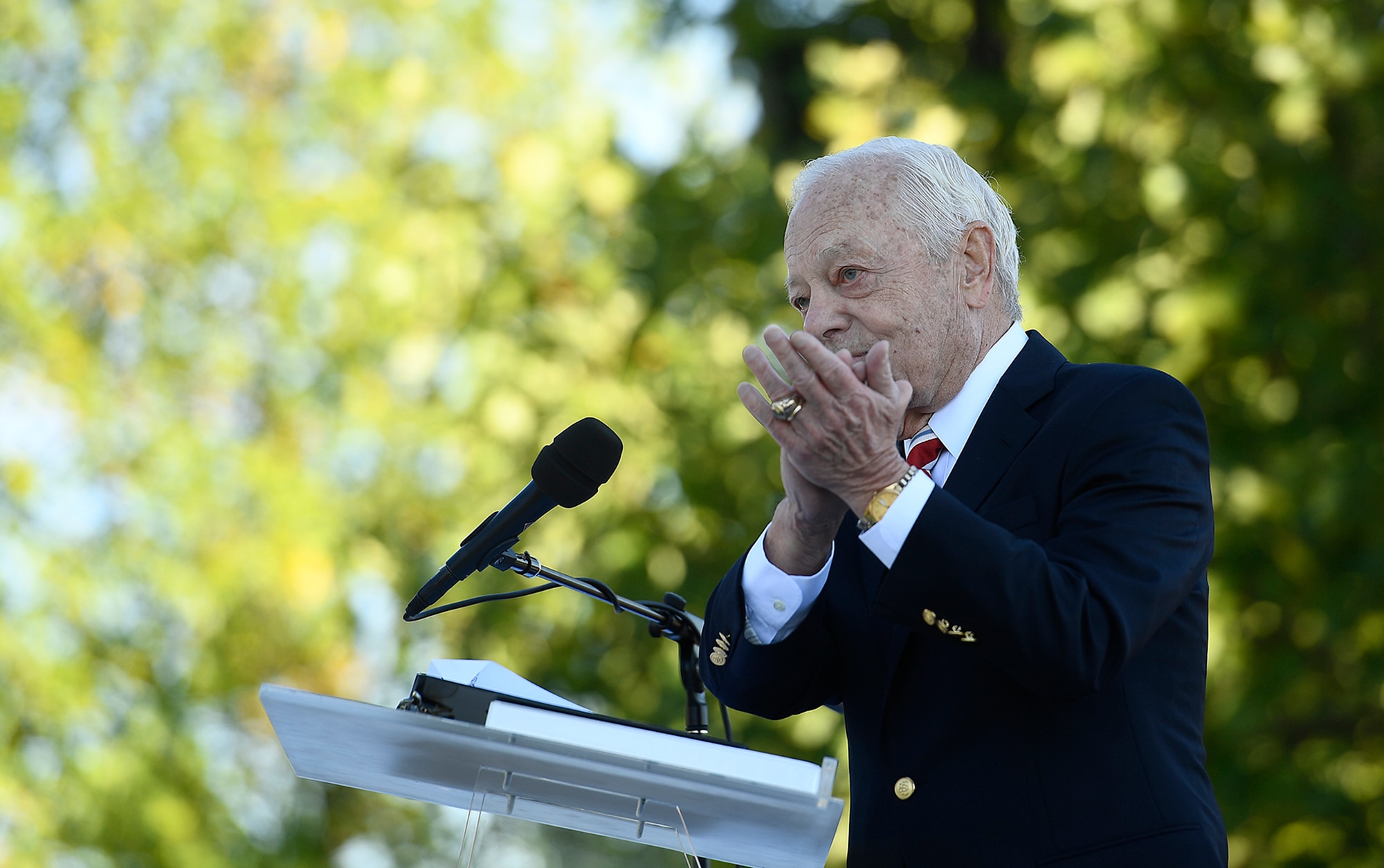 Bob Schieffer, a broadcast journalist and Air Force veteran, speaks during the Air Force Memorial's 10th anniversary ceremony in Arlington, Va., Oct. 14, 2016.  (U.S. Air Force photo/Scott M. Ash)