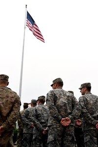 Army Reserve soldiers, assigned to the 85th Support Command headquarters, stand at the position of parade rest during morning remarks from the headquarters and headquarters company first sergeant at weekend battle assembly.
(Photo by Sgt. Aaron Berogan)