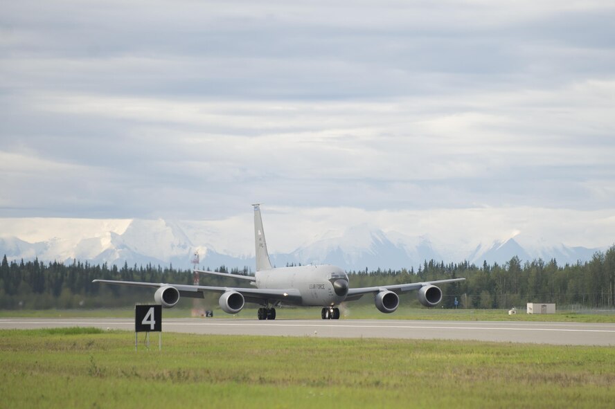 A U.S. Air Force KC-135 Stratotanker aerial refueling aircraft assigned to the 91st Air Refueling Squadron, MacDill Air Force Base, Fla., prepares to launch for a morning sortie Aug. 8, 2016, during RED FLAG-Alaska (RF-A) 16-3 at Eielson Air Force Base, Alaska. The Stratotanker provides core aerial refueling support to Air Force, Navy and allied nation aircraft during RF-A 16-3, a Pacific Air Forces commander-directed exercise that provides realistic combat training to participants. (U.S. Air Force photo by Airman Isaac Johnson)