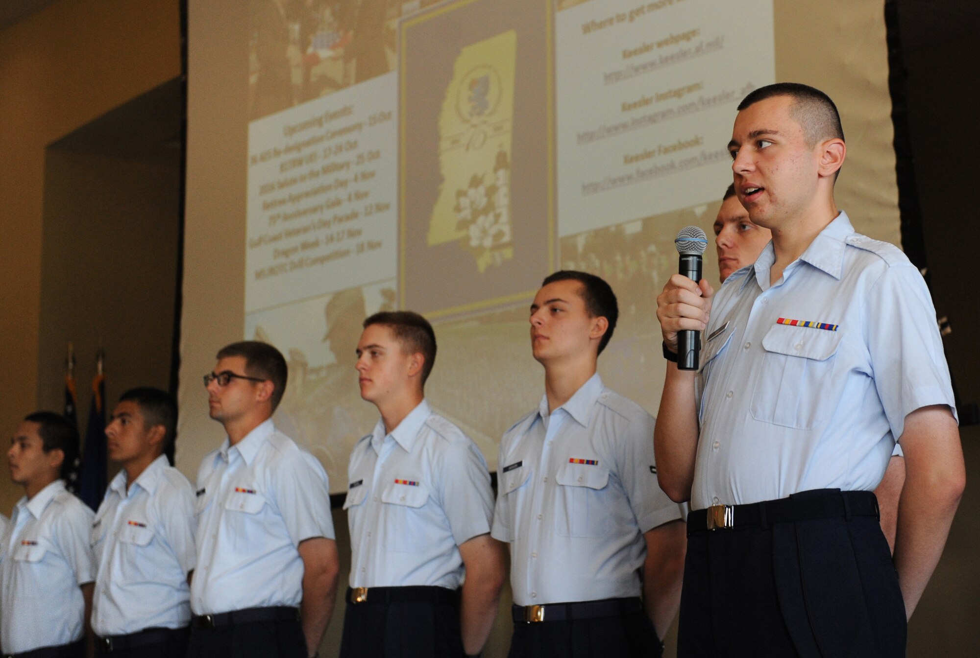 Airman Basic Kyle Kral, 336th Training Squadron student, shares his story about joining the Air Force during the quarterly Biloxi Chamber of Commerce Morning Call at the Bay Breeze Event Center Oct. 13, 2016, on Keesler Air Force Base, Miss. Local business and community leaders attended the event to learn more about the base’s mission and its Airmen. Kral was one of several 81st Training Group Airmen who shared their story. (U.S. Air Force photo by Kemberly Groue/Released)