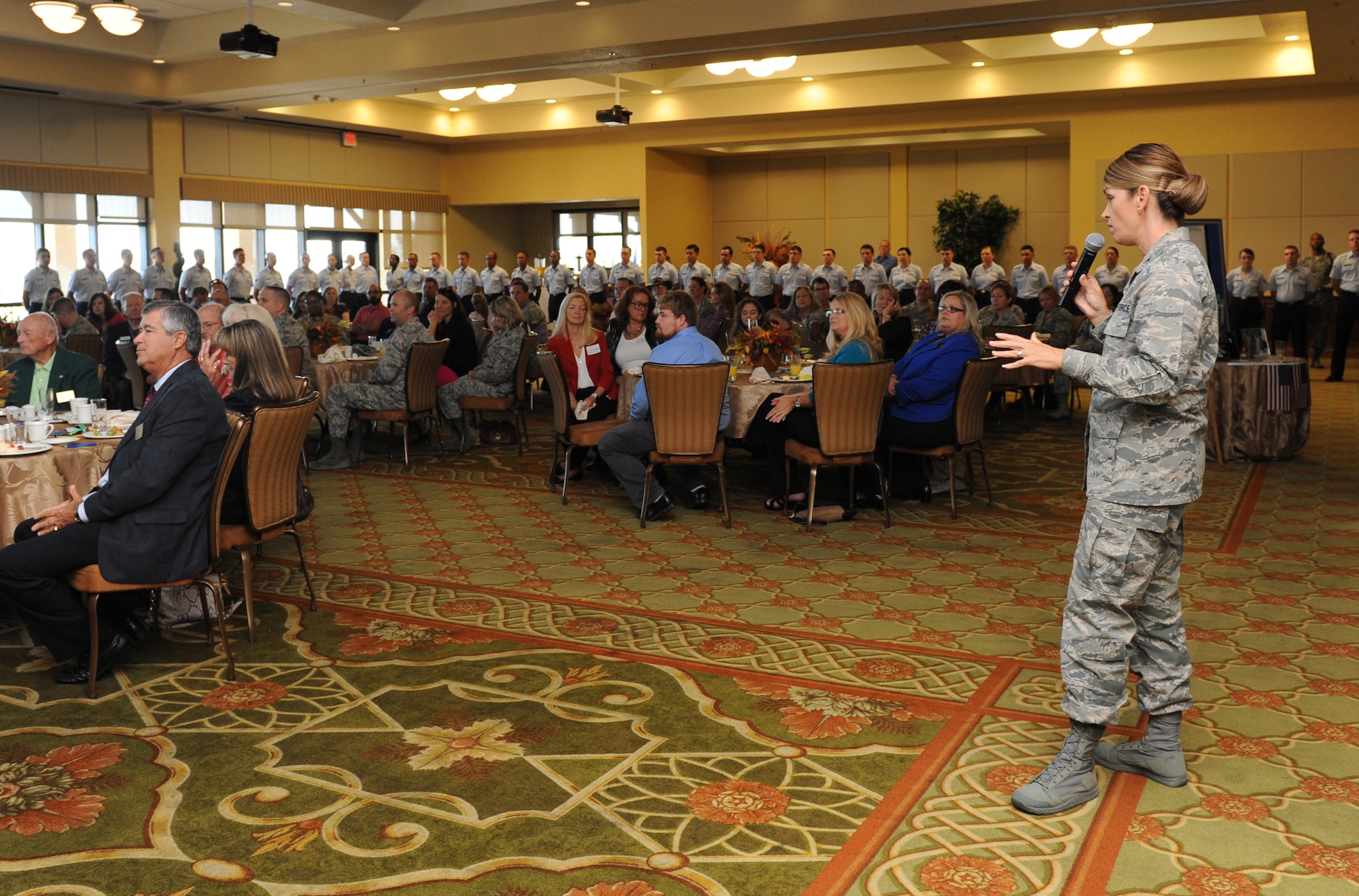 Col. Michele Edmondson, 81st Training Wing commander, speaks to quarterly Biloxi Chamber of Commerce Morning Call attendees at the Bay Breeze Event Center Oct. 13, 2016, on Keesler Air Force Base, Miss. Local business and community leaders attended the event to learn more about the base’s mission and its Airmen. During the event, several 81st Training Group Airmen also shared their story about why they joined the Air Force. (U.S. Air Force photo by Kemberly Groue/Released)