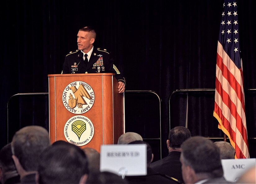 Sgt. Maj. of the Army Daniel A. Dailey speaks Monday at the Association of the U.S. Army annual meeting in Washington, D.C. Dailey announced the winners of the 2016 Best Warrior Competition. (Photos by Martha C. Koester / NCO Journal)