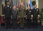 From left: Commander, Combined Forces Command, Gen. Vincent Brooks;  ROK Chairman General Sun Jin Lee;  Chairman of the Joint Chiefs of Staff Gen. Joseph F. Dunford; Japanese Chief of Staff Adm. Katsutoshi Kawano; and Commander, U.S. Pacific Command Adm. Harry B. Harris. The senior military leaders met at the Pentagon Oct. 14 to discuss trilateral collaboration in order to respond to increasing North Korean nuclear and missile threats. 