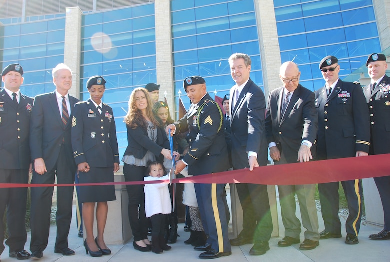Officials cut the ribbon at the new Irwin Army Community Hospital, Fort Riley, Oct. 12, 2016. 
Participants included Kansas Governor Sam Brownback ;  Col. John Melton, IACH commander; Brig. Gen. William Turner, deputy commanding general for support, 1st Infantry Division; Maj. Gen. Thomas Tempel, commander of Regional Health Command-Central; Col. John Lawrence, Fort Riley garrison commander; Kansas Senator Pat Roberts; Kansas Senator Jerry Moran; Dr. John Fahey, Irwin family biographer; and Karlie Parinas, an employee of Child, Youth and School Services and wife of Sgt. Jess Parinas, 1st Battalion, 7th Field Artillery Regiment, 2nd Armored Brigade Combat Team, 1st Infantry Division, and their family; and more.
