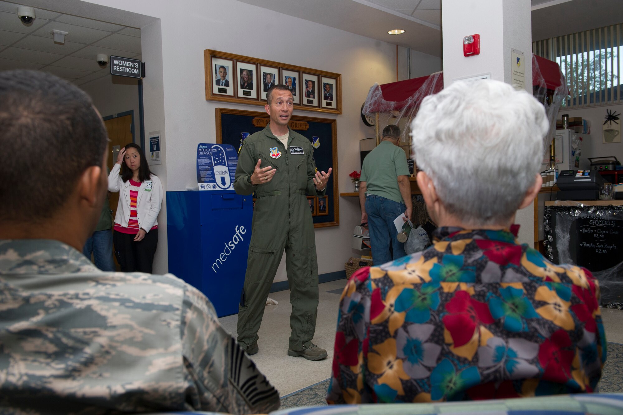 Col. Houston Cantwell, the 49th Wing commander, speaks during the 49th Medical Group pharmacy’s medication return container unveiling ceremony, Oct. 14, 2016. Cantwell spoke about the importance of taking care of people at Holloman. (U.S. Air Force photo by Tech. Sgt. Matthew Rosine.) 