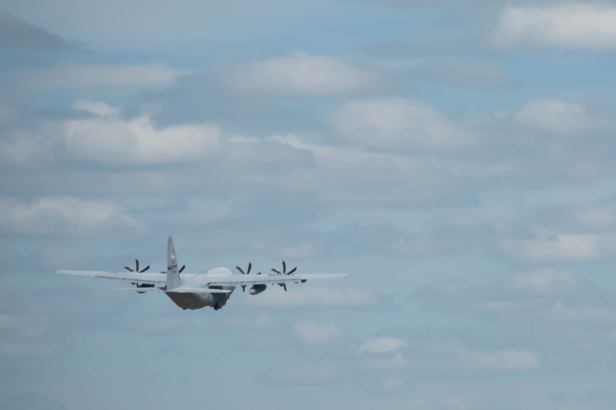 A 53rd Weather Reconnaissance Squadron WC-130J Super Hercules aircraft takes off Oct. 14 for a training mission with the 36th Aeromedical Evacuation Squadron out of Keesler Air Force Base, Miss. This mission was the units' first time sharing an aircraft for a training mission. (U.S. Air Force photo/Senior Airman Heather Heiney) 