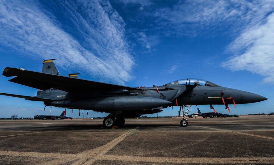 An F-15E Strike Eagle from Seymour Johnson Air Force Base, N.C., rests on the flightline at Barksdale Air Force Base, La., Oct. 7, 2016. The Strike Eagle is a dual-role fighter designed to perform air-to-air and air-to-ground missions. An array of avionics and electronics systems gives the F-15 the capability to fight at low altitude, day or night, and in all weather. (U.S. Air Force photo/Senior Airman Curt Beach)