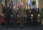 From left: Commander, Combined Forces Command, Gen. Vincent Brooks;  ROK Chairman General Sun Jin Lee;  Chairman of the Joint Chiefs of Staff Gen. Joseph F. Dunford; Japanese Chief of Staff Adm. Katsutoshi Kawano; and Commander, U.S. Pacific Command Adm. Harry B. Harris. The senior military leaders met at the Pentagon Oct. 14 to discuss trilateral collaboration in order to respond to increasing North Korean nuclear and missile threats. 