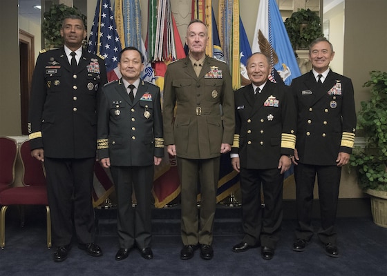 From left: Commander, Combined Forces Command, Gen. Vincent Brooks;  ROK Chairman General Sun Jin Lee;  Chairman of the Joint Chiefs of Staff Gen. Joseph F. Dunford; Japanese Chief of Staff Adm. Katsutoshi Kawano; and Commander, U.S. Pacific Command Adm. Harry B. Harris. The senior military leaders met at the Pentagon Oct. 14 to discuss trilateral collaboration in order to respond to increasing North Korean nuclear and missile threats. 