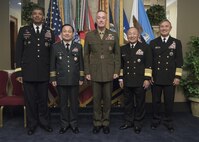 From left: Army Gen. Vincent K. Brooks, commander of Combined Forces Command and U.S. Forces Korea; South Korean Chairman Army Gen. Lee Sun-jin; Marine Corps Gen. Joe Dunford, chairman of the Joint Chiefs of Staff; Japanese Chief of Defense Adm. Katsutoshi Kawano; and U.S. Pacific Command commander, Navy Adm. Harry B. Harris Jr., pose for photograph at the Pentagon, Oct. 14, 2016. The senior military leaders met to discuss trilateral collaboration in order to respond to increasing North Korean nuclear and missile threats. DoD photo by Navy Petty Officer 2nd Class Dominique Pineiro