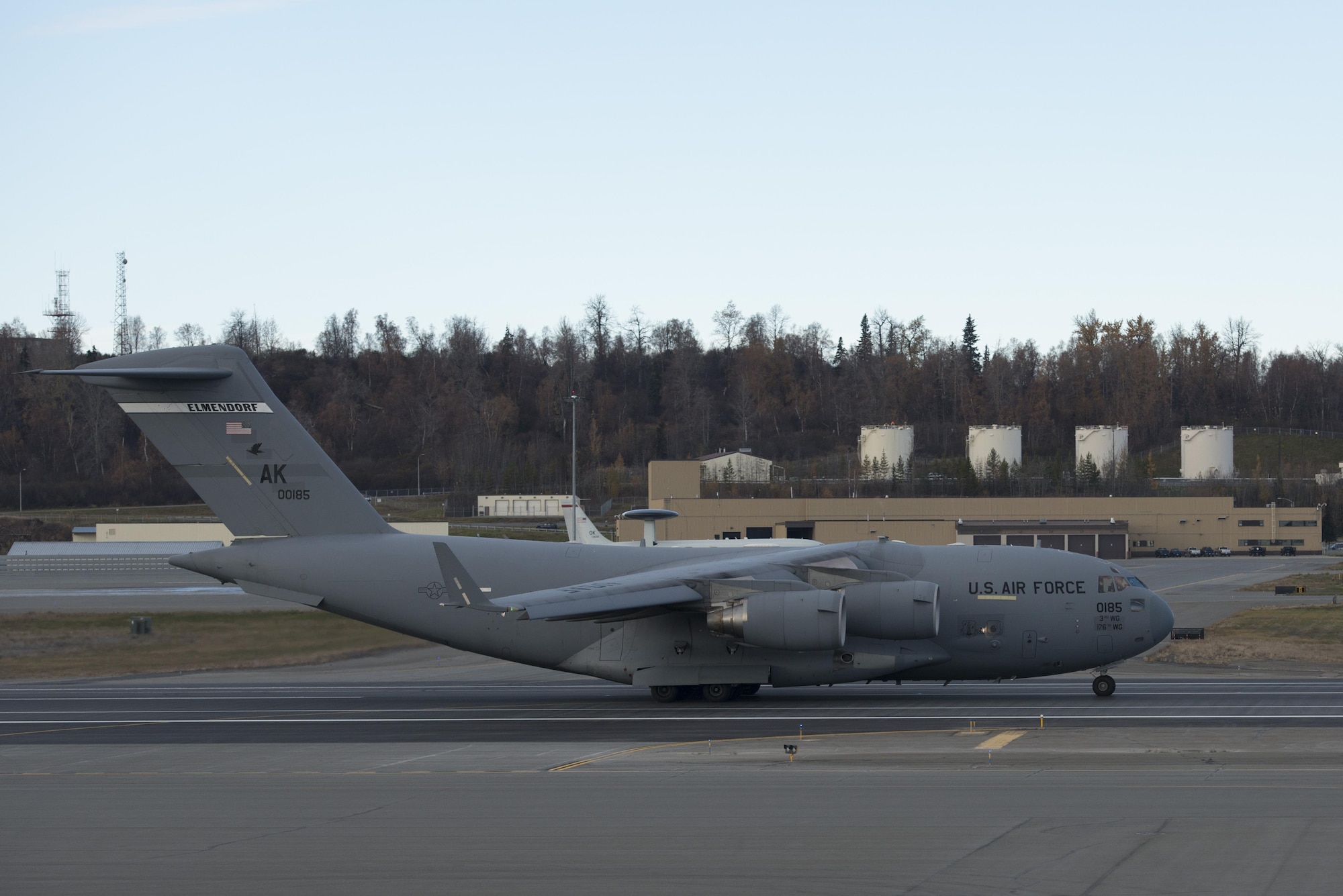 A U.S. Air Force C-17 Globemaster III prepares for takeoff during Red Flag - Alaska 17-1 at Joint Base Elmendorf-Richardson, Alaska, Oct. 12, 2016. RF-A is a joint exercise focused on improving combat readiness of the U.S. military and international forces, which included the Republic of Korea Air Force and Royal New Zealand Air Force this iteration.