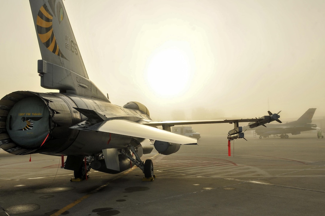 An F-16 Fighting Falcon sits on the ramp at Toledo Air National Guard Base, Ohio, Oct. 4, 2016. Air National Guard photo by Senior Airman Hannah Ortloff