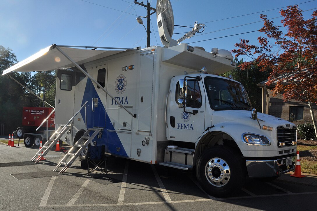 Dobbins Air Reserve Base, Georgia serves as a staging location for the FEMA Urban Search and Rescue Blue Incident Support Team while they provided rapid federal response to local, federal, state and tribal agencies in support of Hurricane Matthew Oct. 12, 2016. FEMA officials watched the effects of the storm closely and took immediate action when mobilized by the federal government. (U.S. Air Force photo/James Branch)