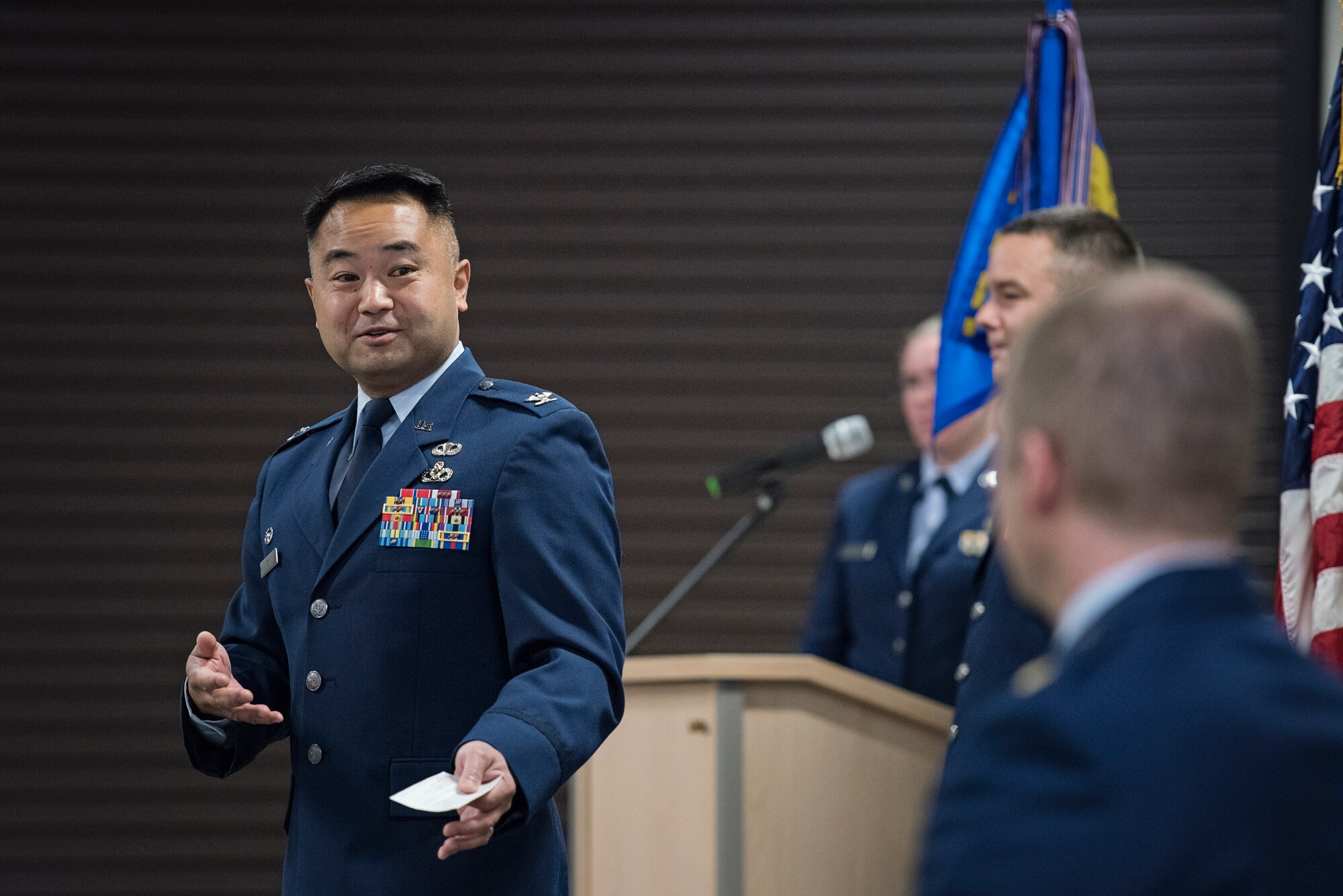 Maj. Daniel Nigolian assumed command of the 176th Logistics Readiness Squadron at a ceremony on Joint Base Elmendorf-Richardson, Alaska, Sep. 15, 2016. In June of 2016, Nigolian joined the 176th Wing, Alaska Air National Guard, from active duty service. The 176th LRS, a component of the 176th Mission Support Group, is divided into six sections — transportation, distribution, management and systems, fuels management, logistics plans, and ariel port. (U.S. Air National Guard photo by Staff Sgt. Edward Eagerton/released)