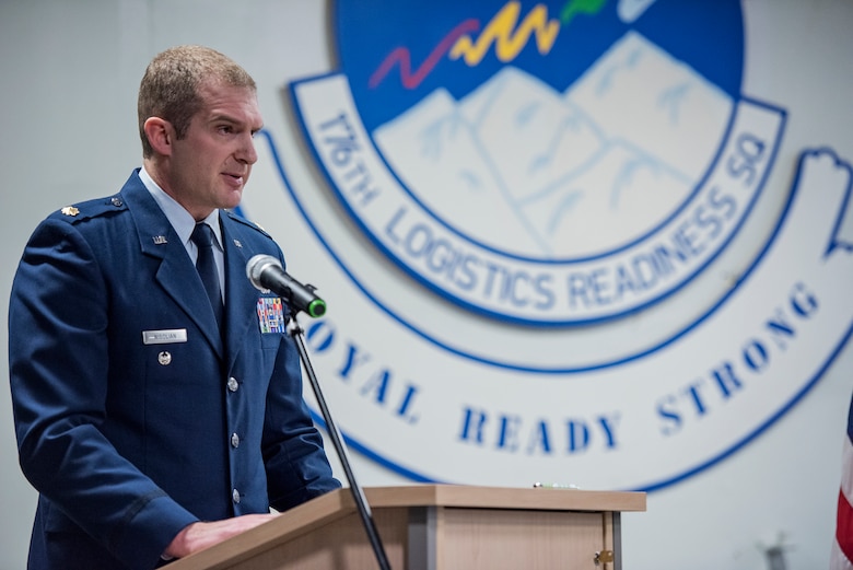 Maj. Daniel Nigolian assumed command of the 176th Logistics Readiness Squadron at a ceremony on Joint Base Elmendorf-Richardson, Alaska, Sep. 15, 2016. In June of 2016, Nigolian joined the 176th Wing, Alaska Air National Guard, from active duty service. The 176th LRS, a component of the 176th Mission Support Group, is divided into six sections — transportation, distribution, management and systems, fuels management, logistics plans, and ariel port. (U.S. Air National Guard photo by Staff Sgt. Edward Eagerton/released)