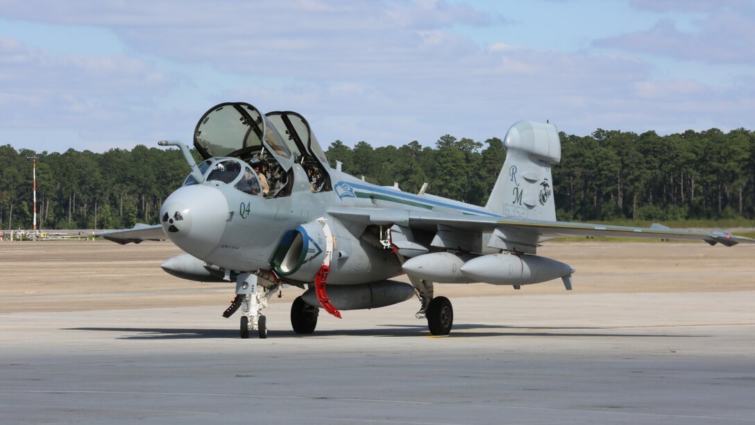 A pilot with Marine Tactical Electronic Warfare Squadron 4 taxis an EA-6B Prowler during a deployment homecoming aboard Marine Corps Air Station Cherry Point, N.C., Oct. 10, 2016. More than 20 air crew members with the unit returned after a six-month deployment with the United States Central Command aboard Incirlik Air Base in Turkey. According to Lt. Col. Paul K. Johnson III, commanding officer for VMAQ-4, the Marines conducted electronic warfare and disrupted ISIS communications in Iraq and Syria in support of Operation Inherent Resolve. This deployment was the last that VMAQ-4 will participate in because the squadron is scheduled to be deactivated in the summer of 2017. (U.S. Marine Corps photo by Lance Cpl. Mackenzie Gibson/Released)