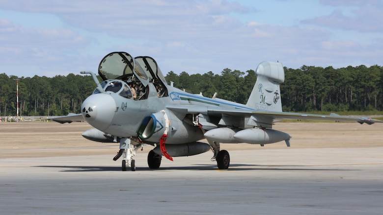 A pilot with Marine Tactical Electronic Warfare Squadron 4 taxis an EA-6B Prowler during a deployment homecoming aboard Marine Corps Air Station Cherry Point, N.C., Oct. 10, 2016. More than 20 air crew members with the unit returned after a six-month deployment with the United States Central Command aboard Incirlik Air Base in Turkey. According to Lt. Col. Paul K. Johnson III, commanding officer for VMAQ-4, the Marines conducted electronic warfare and disrupted ISIS communications in Iraq and Syria in support of Operation Inherent Resolve. This deployment was the last that VMAQ-4 will participate in because the squadron is scheduled to be deactivated in the summer of 2017. (U.S. Marine Corps photo by Lance Cpl. Mackenzie Gibson/Released)