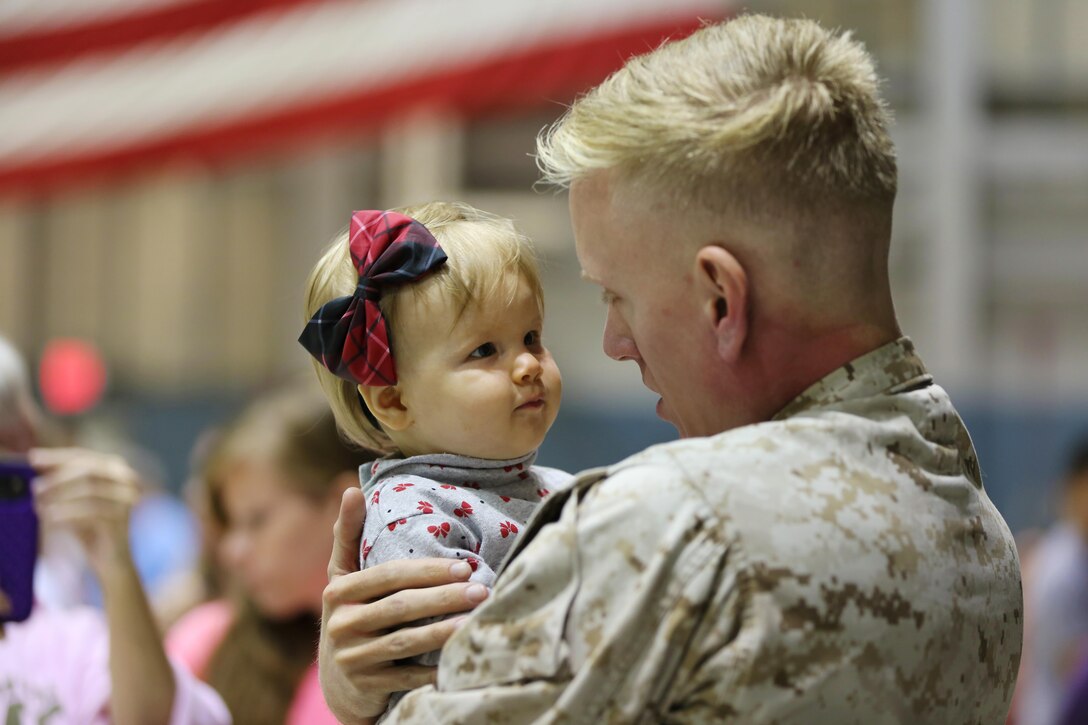 A Marine embraces his loved one during a deployment homecoming aboard Marine Corps Air Station Cherry Point, N.C., Oct. 15, 2016. More than 120 Marines with Marine Tactical Electronic Warfare Squadron 4 returned after a six-month deployment with the United States Central Command aboard Incirlik Air Base in Turkey. According to Lt. Col. Paul K. Johnson III, commanding officer for VMAQ-4, the Marines conducted electronic warfare and disrupted ISIS communications in Iraq and Syria in support of Operation Inherent Resolve. This deployment was the last that VMAQ-4 will participate in because the squadron is scheduled to be deactivated in the summer of 2017. (U.S. Marine Corps photo by Lance Cpl. Mackenzie Gibson/Released) 