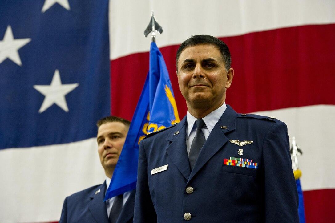 (Front) Lt. Col. Shawn Shrawny is recognized as the incoming 926th Aerospace Medicine Squadron commander during a change of command ceremony at Nellis Air Force Base, Nevada, on Oct. 15. (U.S. Air Force photo/Senior Airman Brett Clashman)