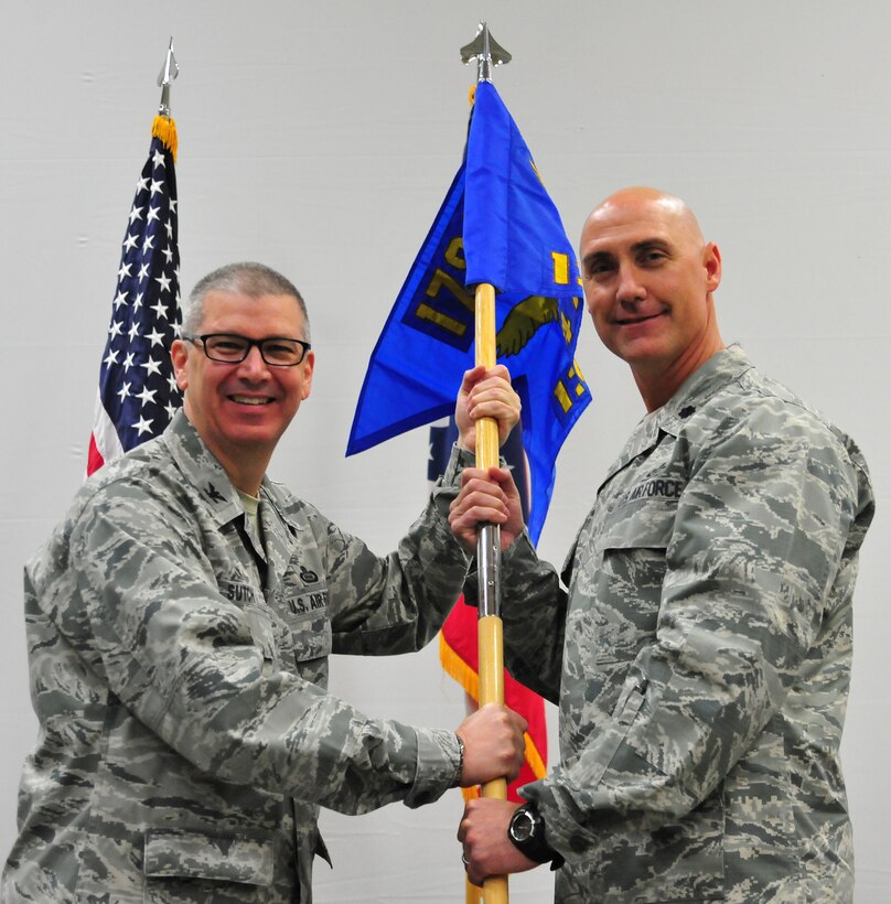 Lt. Col. Dennis Fournier, the incoming commander of the 124th Intelligence Squadron, assumed command during a ceremony at Springfield Air National Guard Base in Springfield, Ohio, Oct. 15, 2016. Fournier assumed command from the outgoing 124th IS commander, Lt. Col. Alexander Alston III. (U.S. Air National Guard photo by Airman 1st Class Rachel Simones)