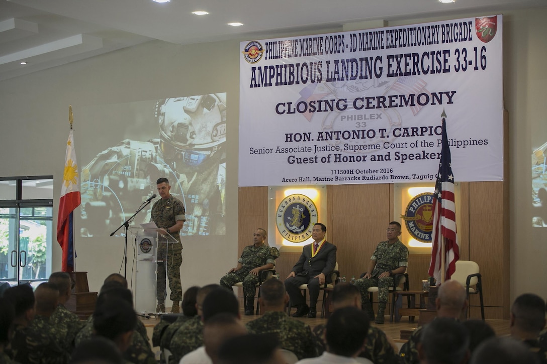 U.S. Marine Brig. Gen. John M. Jansen speaks during the Philippine Amphibious Landing Exercise 33 (PHIBLEX) closing ceremony at Marine Barracks Rudiardo Brown, Taguig City, Philippines, Oct. 11, 2016. PHIBLEX is an annual U.S.-Philippine military bilateral exercise that combines amphibious capabilities and live-fire training with humanitarian civic assistance efforts to strengthen interoperability and working relationships. Jansen is the commanding general of 3d Marine Expeditionary Brigade. (U.S. Marine Corps photo by Sgt. Kathy Nunez/Released)