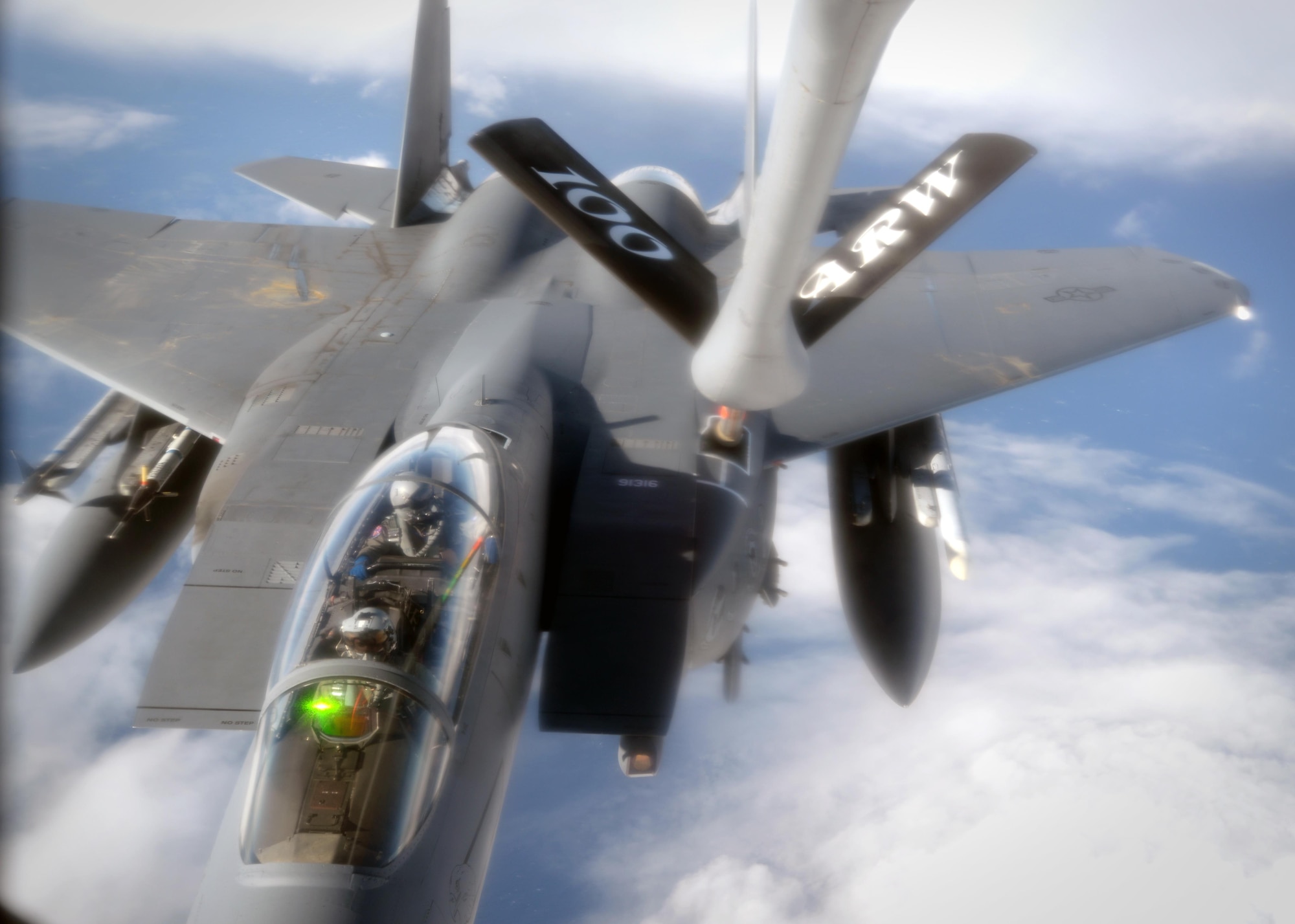 A KC-135 Stratotanker from the 100th Air Refueling Wing at RAF Mildenhall, England, refuels an F-15C Eagle from the 48th Fighter Wing at RAF Lakenheath, England, Oct. 13, 2016, over the North Sea. This refueling mission was in support of Noble Arrow. Noble Arrow is an exercise to train NATO foces through air operations in a realistic high-threat environment, to provide component-level force integration training for NATO Response Force assigned units. (U.S. Air Force photo by Senior Airman Christine Halan) 