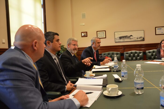 David Merker (center), Senior Executive Service Director of the U.S. National Data Center, accompanied by (from left to right) chief of International Affairs Robert McLaughlin, geophysicist Jorge Román-Nieves, and chief of Systems Control George Mirda, all from the Air Force Technical Applications Center, Patrick AFB, Fla., discusses his organization’s role in monitoring international seismic activity as a contributor to the International Monitoring System with members of the Instituto Geográfico Nacional, a multi-faceted agency in Madrid, responsible for many aspects of research and development, including geophysics, seismometry and regional volcanic activity analysis, as well as cartography and astrophysics.  (U.S. Air Force photo by Susan A. Romano)