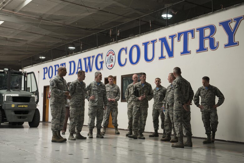 U.S. Air Force Col. Thomas Cooper, commander of the 521st Air Mobility Operations Wing (AMOW) Ramstein Air Force Base, Germany, visits the 728th Airfield Management Airmen at Incirlik Air Base, Turkey, Oct. 14, 2016. The 728th AMS is a geographically separated unit falling under the 521st AMOW. (U.S. Air Force photo by Senior Airman Jasmonet Jackson)