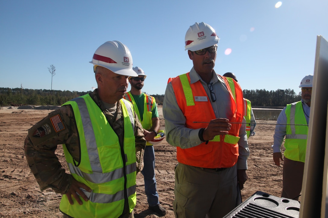 U.S. Army Corps of Engineers Chief of Engineers Lt. Gen. Todd Semonites discusses progress of the Savannah Harbor Expansion Project with Savannah District Construction Project Manager Robert Player during a visit Oct. 14, 2016. Semonite met with key district personnel, state partners and elected officials to discuss progress and reinforce his commitment to delivering one of the most critical projects across USACE.