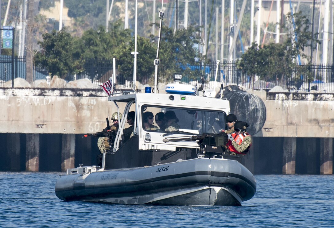 Members of Coast Guard Port Security Unit 311 based in San Pedro, conducted a military training exercise in the Port of Los Angeles on September 17, 2016.