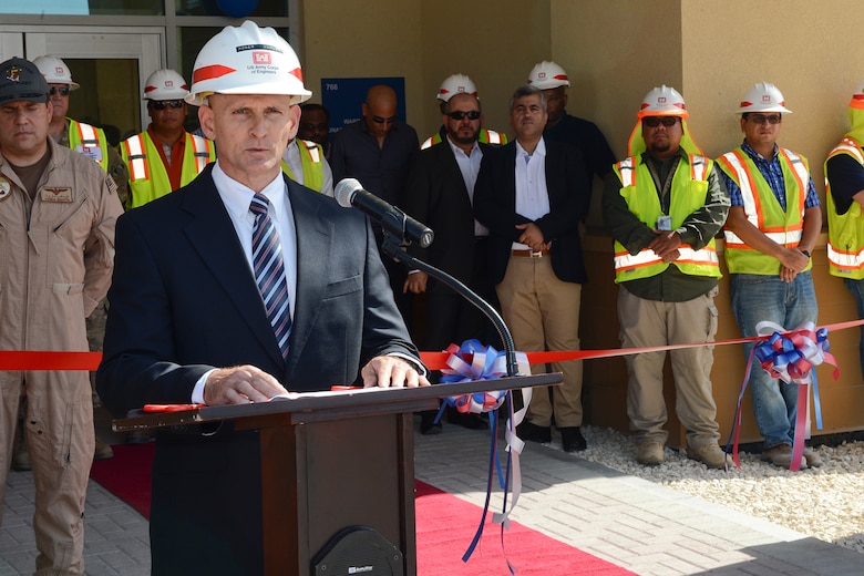 The Middle East District recently completed construction of new, $45.5 million, energy-efficient barracks on Naval Support Activity, in Manama, Bahrain, and a team from the district attended the ribbon cutting ceremony marking completion of the project Sept. 29.